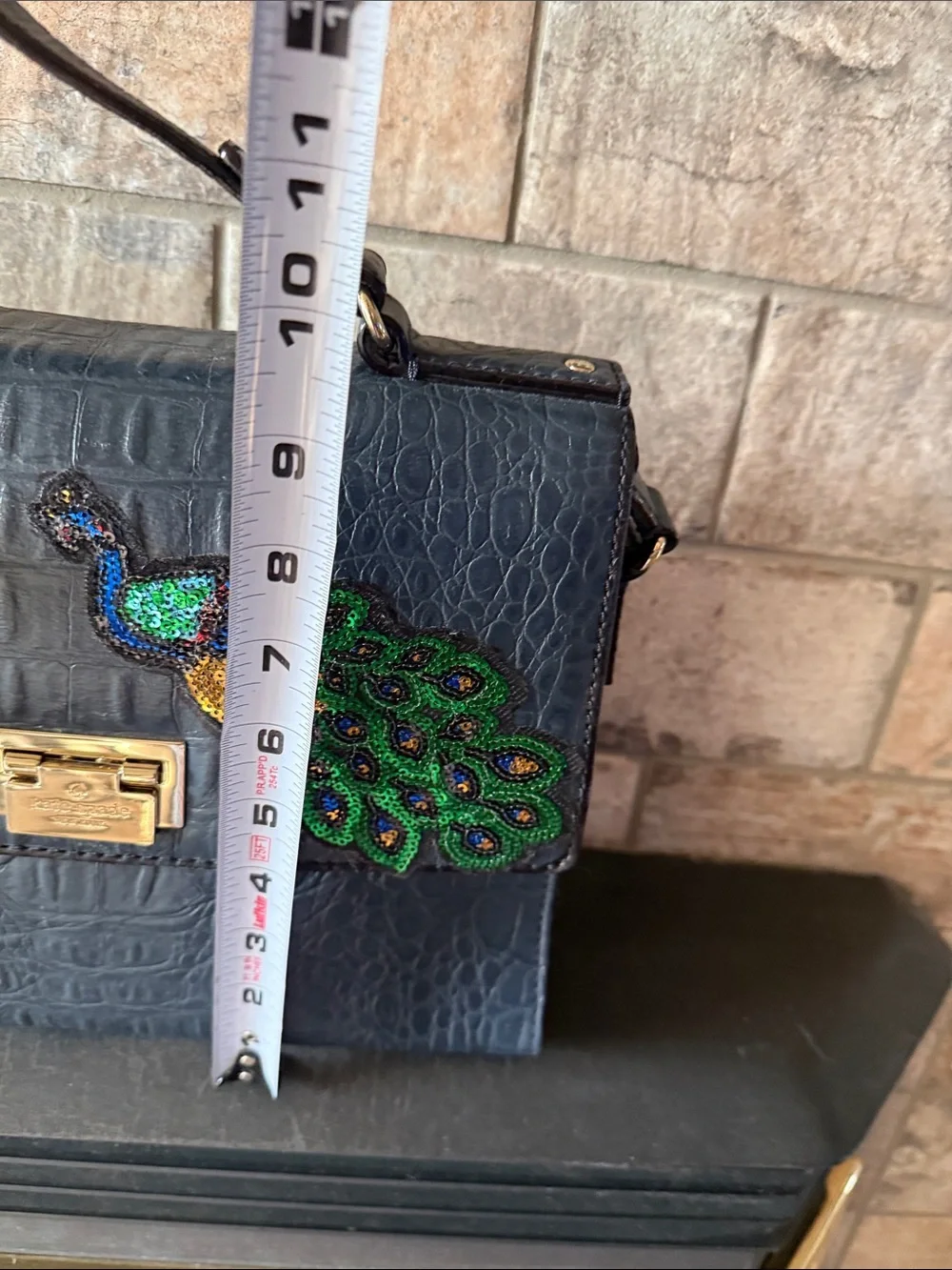 Kate Spade Black Croc-Embossed Top Handle Bag with Peacock Patch